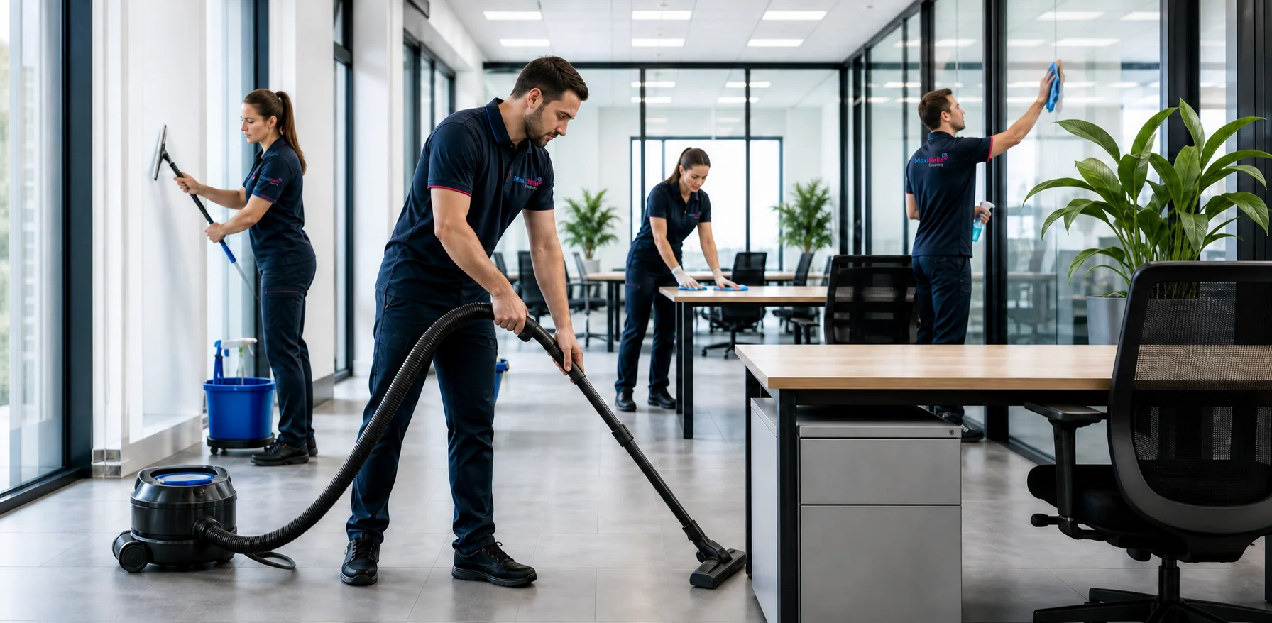 MaxiBelle-team maakt een moderne kantooromgeving schoon
