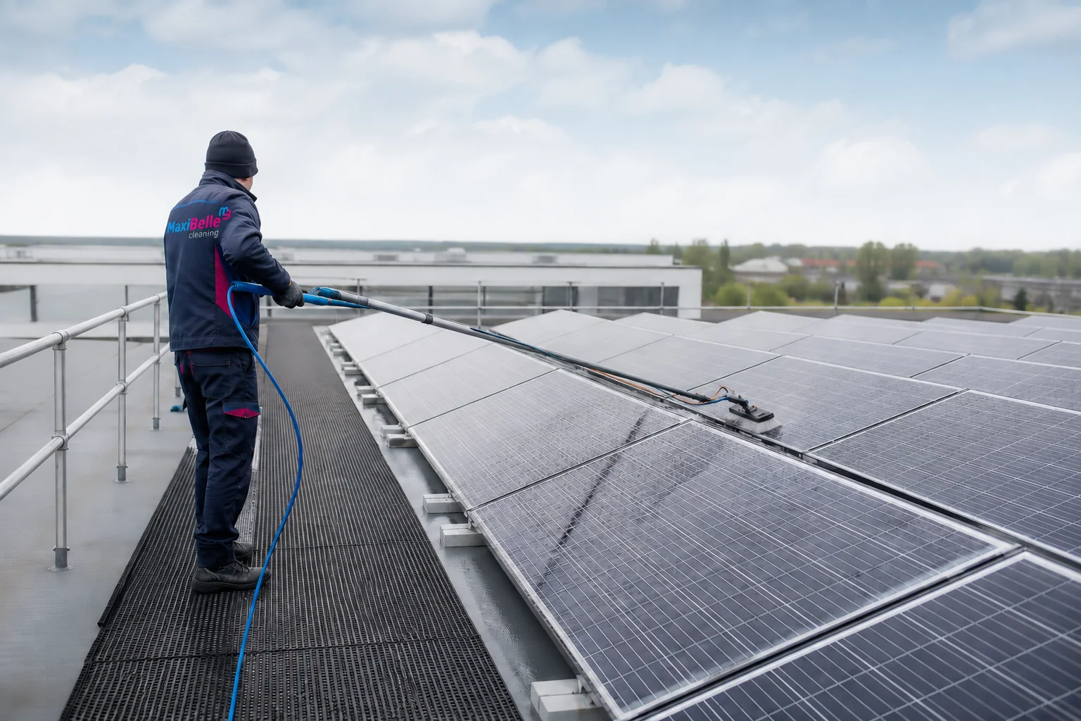 Professionele reiniging van zonnepanelen op een bedrijfsgebouw