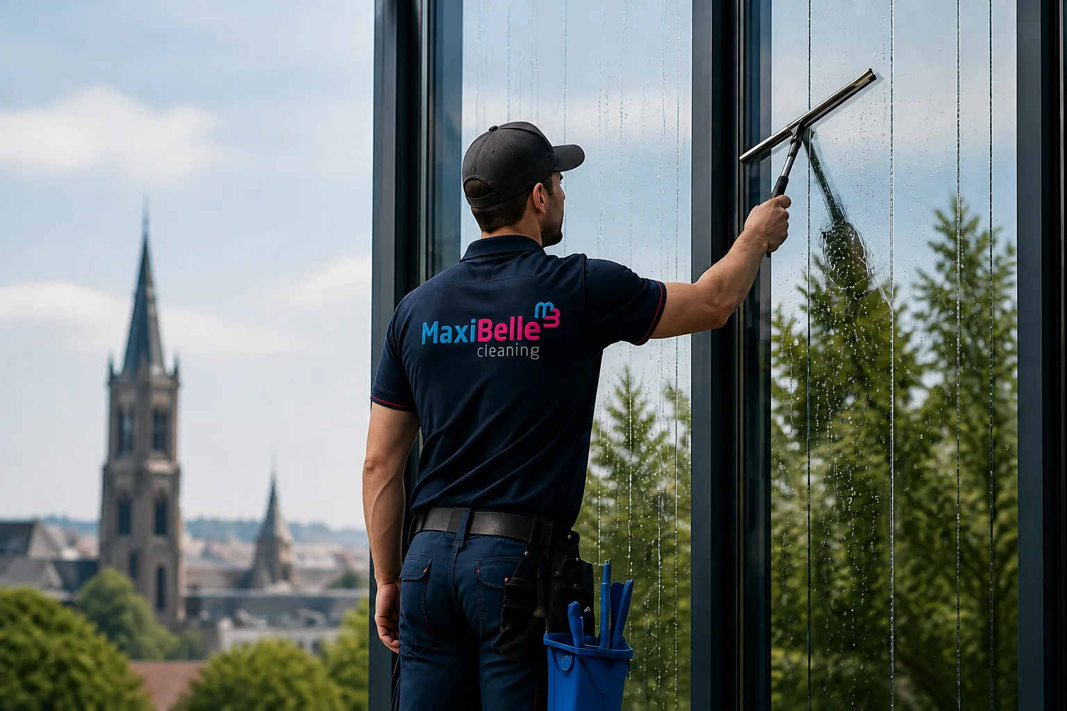 Professionele glazenwasser aan het werk bij een bedrijfsgebouw